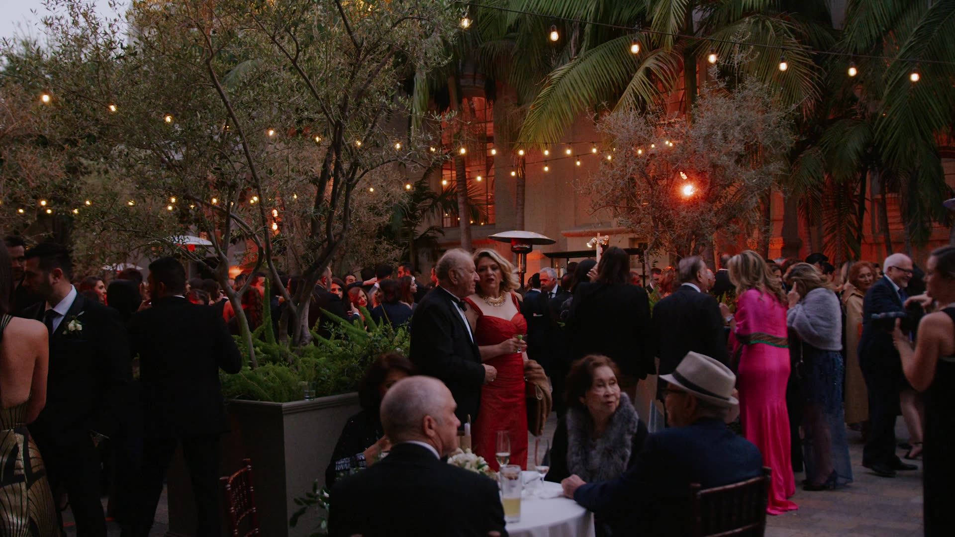 The Vibiana courtyard at night under string lights and olive trees