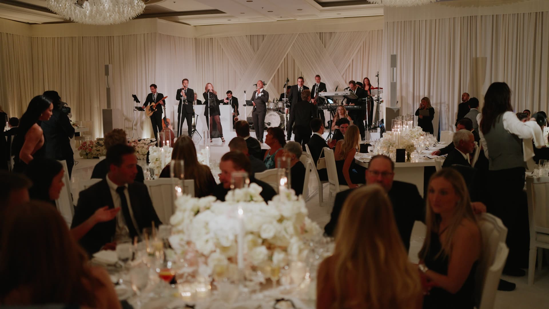 The ballroom and live band during the reception at Four Seasons Los Angeles
