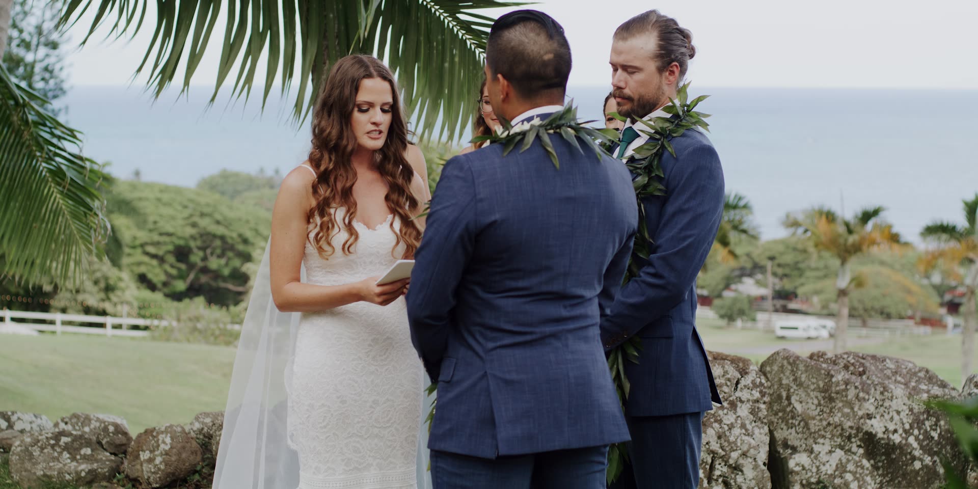 Chris and Bryn's ceremony at Paliku Gardens with the Kualoa Ranch palms and ocean beyond