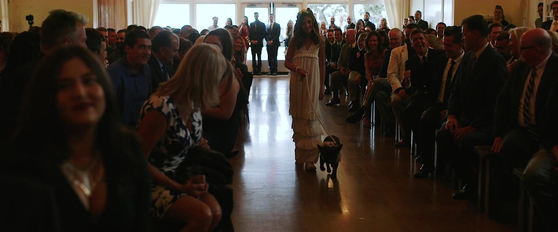 A bridesmaid walking a small dog down the aisle between the seated guests, tall windows at the far end of the hall.