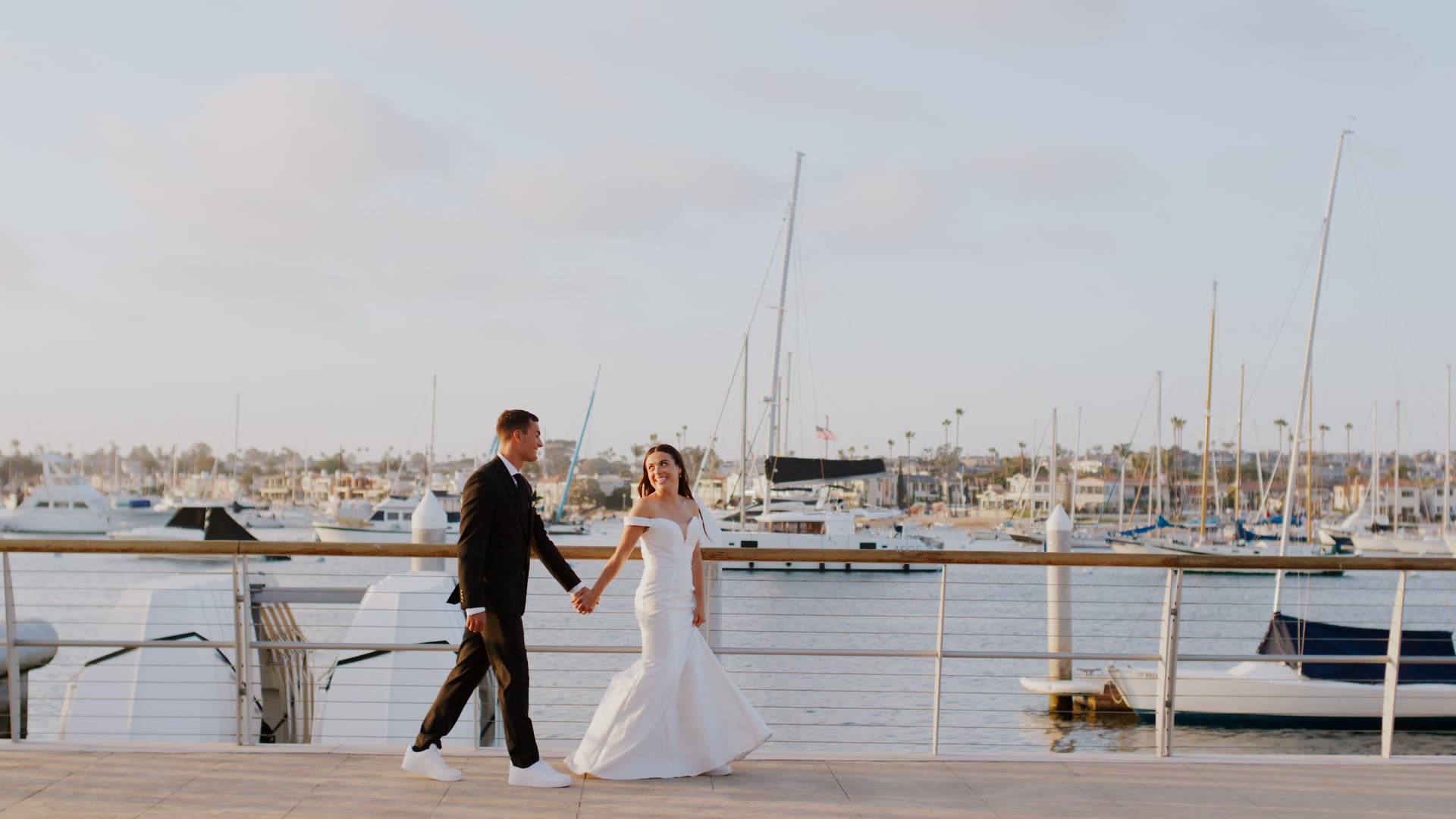 A wedding film still at Marina Park Community & Sailing Center, Newport Beach