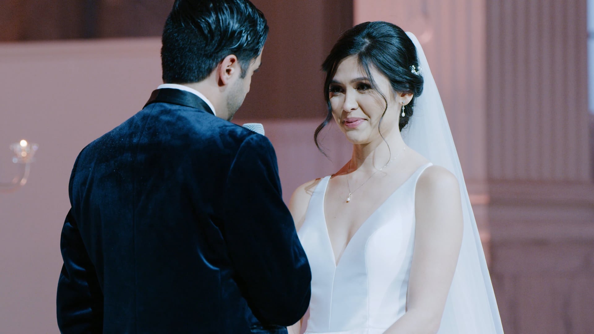 Austin and Angelia at their wedding ceremony inside Vibiana, downtown Los Angeles