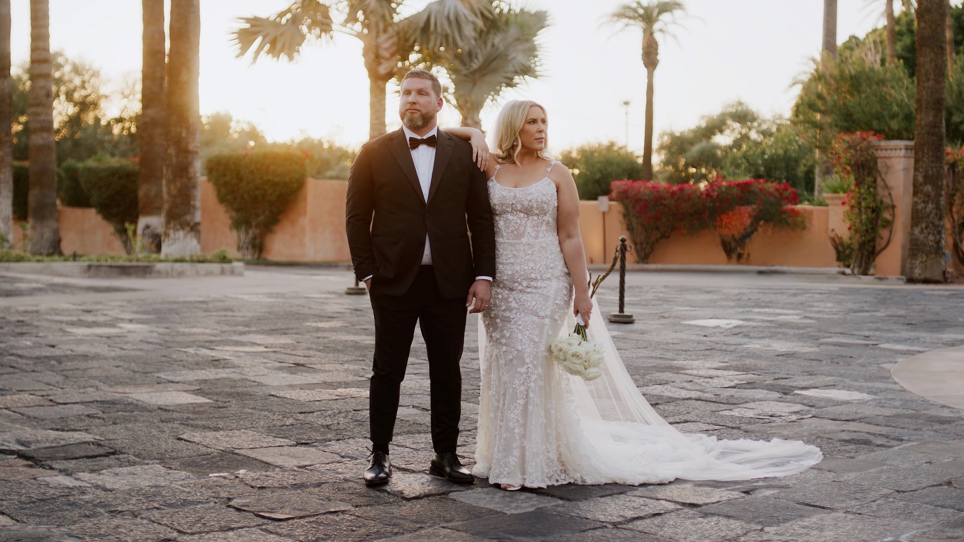 Billy and Kelly at sunset on the cobblestone motor court at Royal Palms Resort and Spa in Phoenix, Arizona
