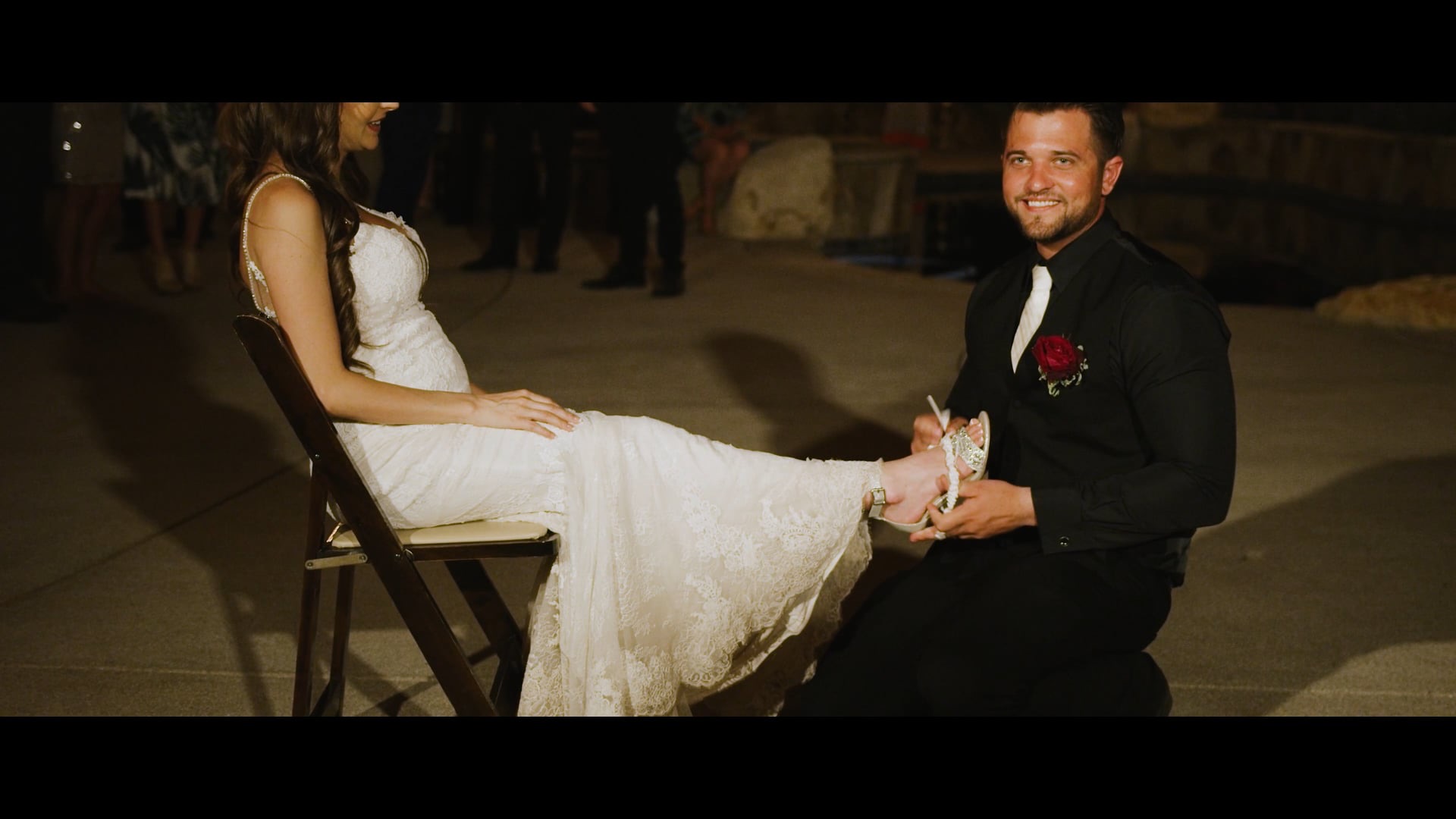 Chris and Andrea laughing together during their wedding reception in Murrieta, California