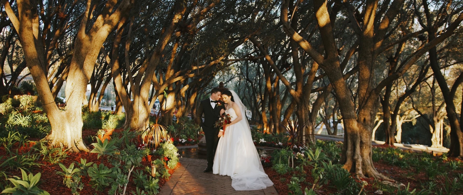 Kelsey and Zach beneath the olive grove canopy at Padua Hills Theatre in Claremont, California