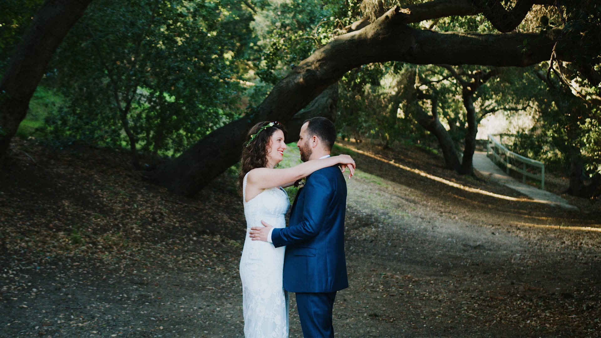 Tal and Deanna beneath a spreading oak on the ranch road at Calamigos Ranch