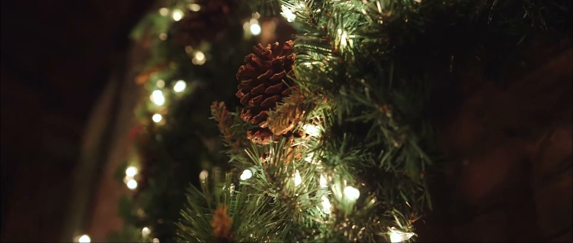 Pine garland and pinecones lit with small white lights, close and soft.