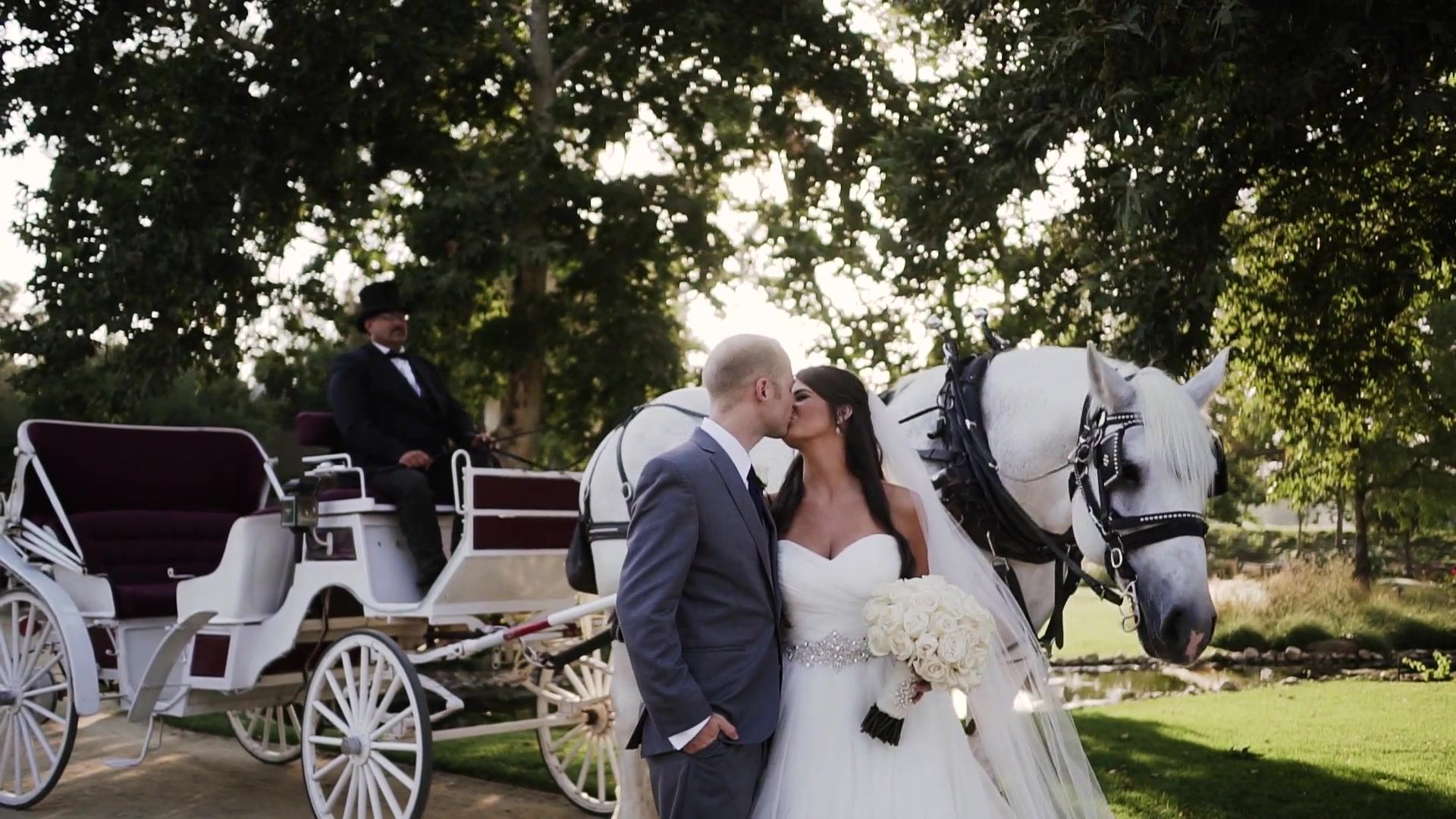 Josh and Jade kissing beside a white horse and a white carriage, the coachman seated up on the box behind them.
