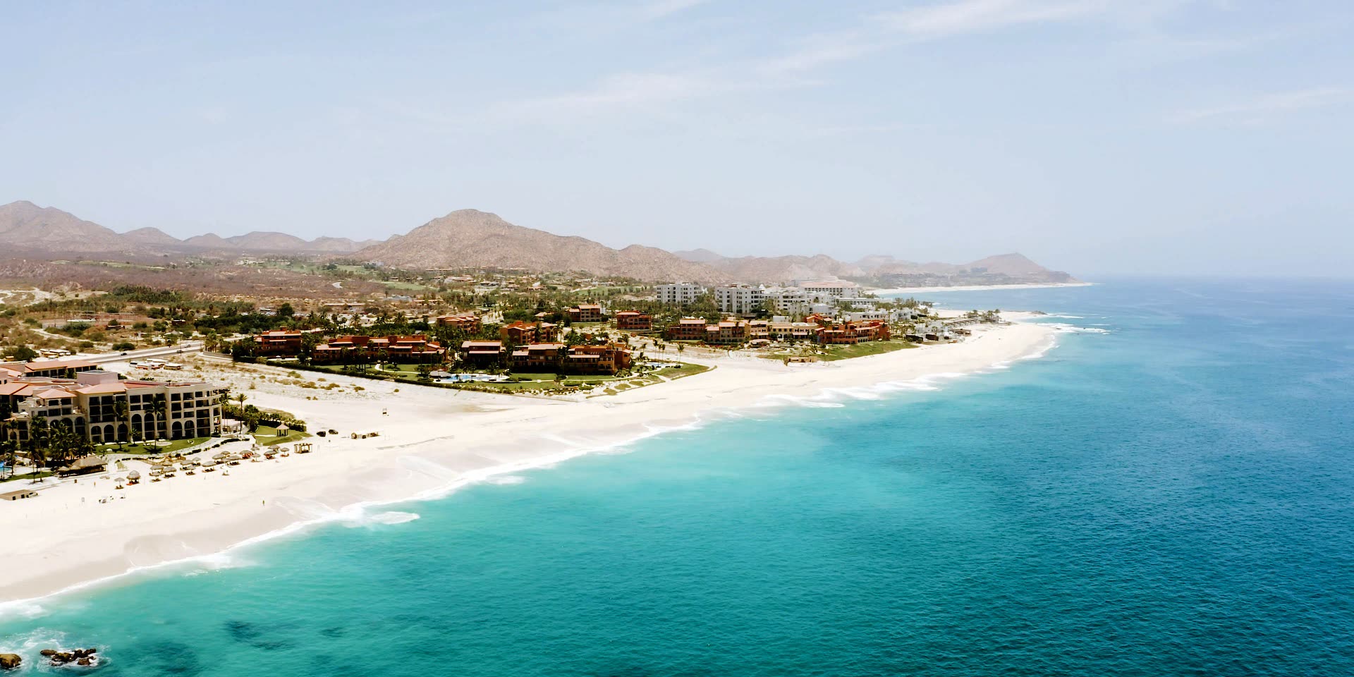 Aerial view of the San Jose del Cabo coastline in Los Cabos, Mexico, the resort set along turquoise water and white sand