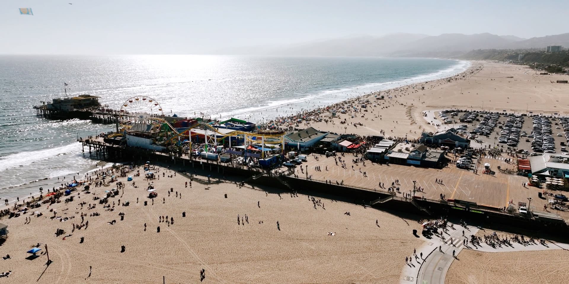 Aerial view of the Santa Monica pier and beach beside Hotel Casa Del Mar