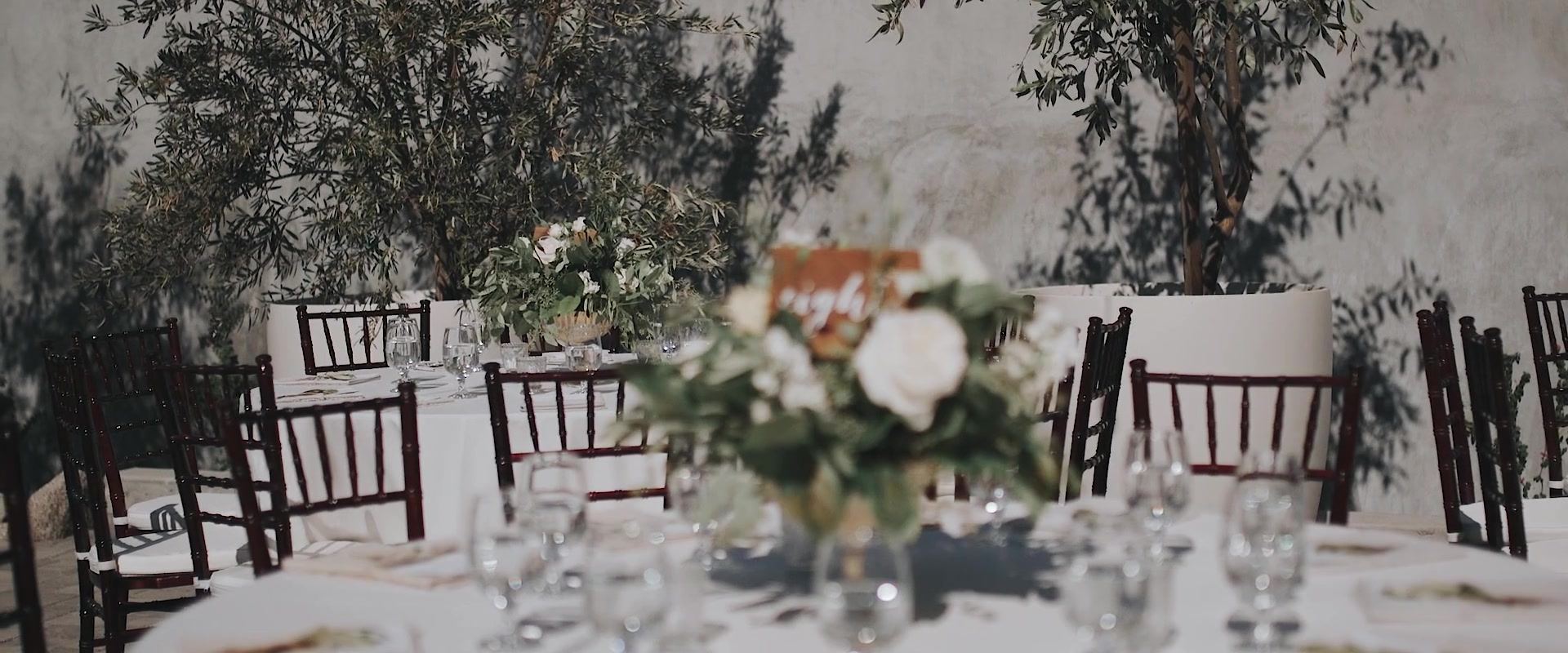 Reception tables set with white linen and dark wooden chairs beneath olive trees, white roses and a table number at the centre.