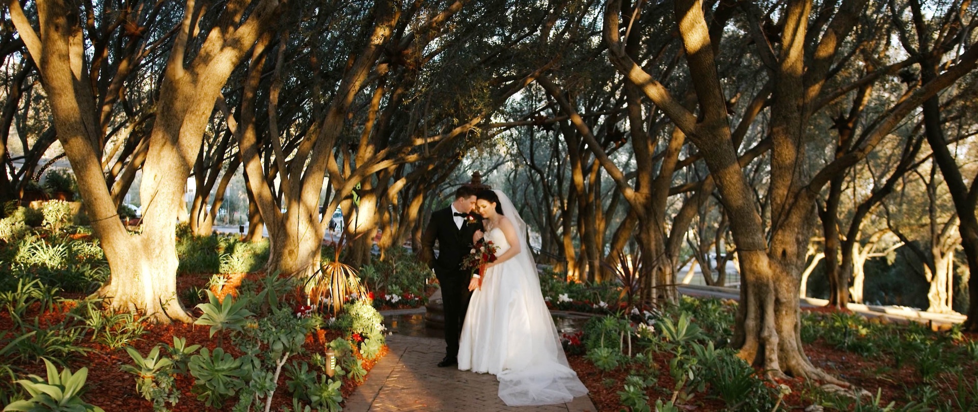 Bride and groom on the brick path beneath the olive grove canopy at Padua Hills Theatre