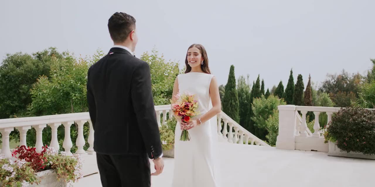 Brandon and Julie on the estate terrace in Carpinteria, a moment from their wedding film